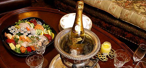 Cristal Champagne with sushi, New York, January 2004.